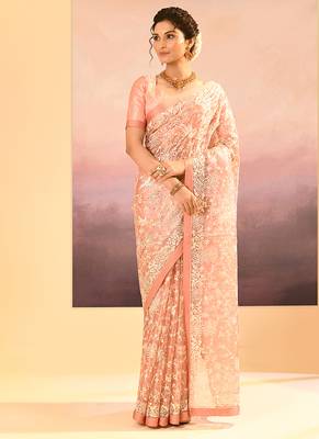 Muted pink embroidered tissue saree set 1