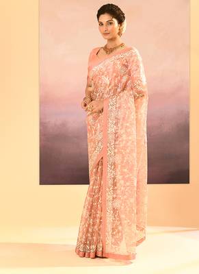 Muted pink embroidered tissue saree set 2