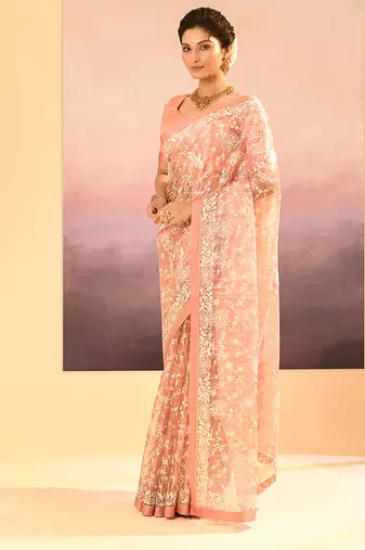 Muted pink embroidered tissue saree set