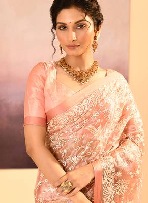 Muted pink embroidered tissue saree set 3