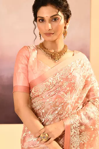 Muted pink embroidered tissue saree set