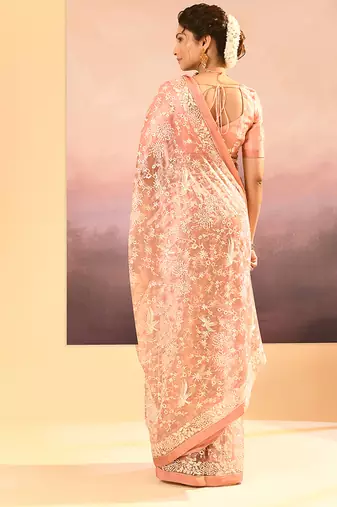 Muted pink embroidered tissue saree set