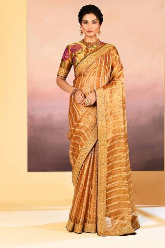 Golden embroidered tissue saree set