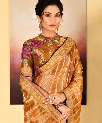 Golden embroidered tissue saree set 4