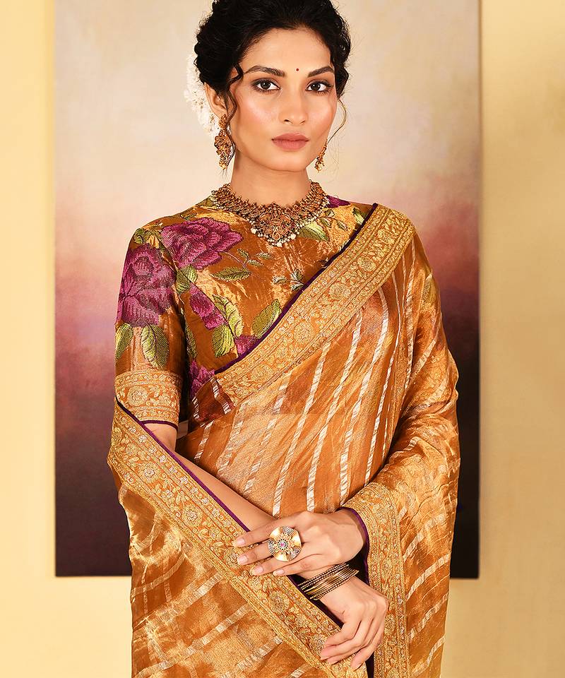 Golden embroidered tissue saree set