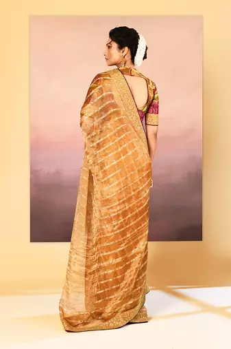 Golden embroidered tissue saree set