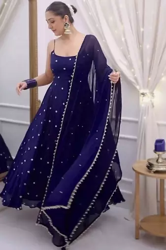 Blue dots print cotton ethnic kurta set with dupatta