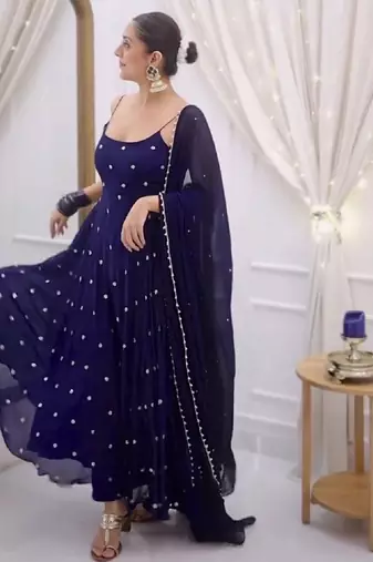 Blue dots print cotton ethnic kurta set with dupatta