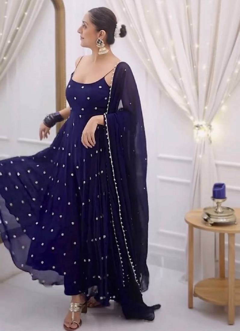 Blue dots print cotton ethnic kurta set with dupatta