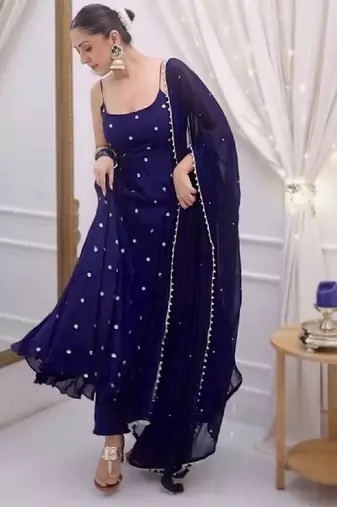 Blue dots print cotton ethnic kurta set with dupatta