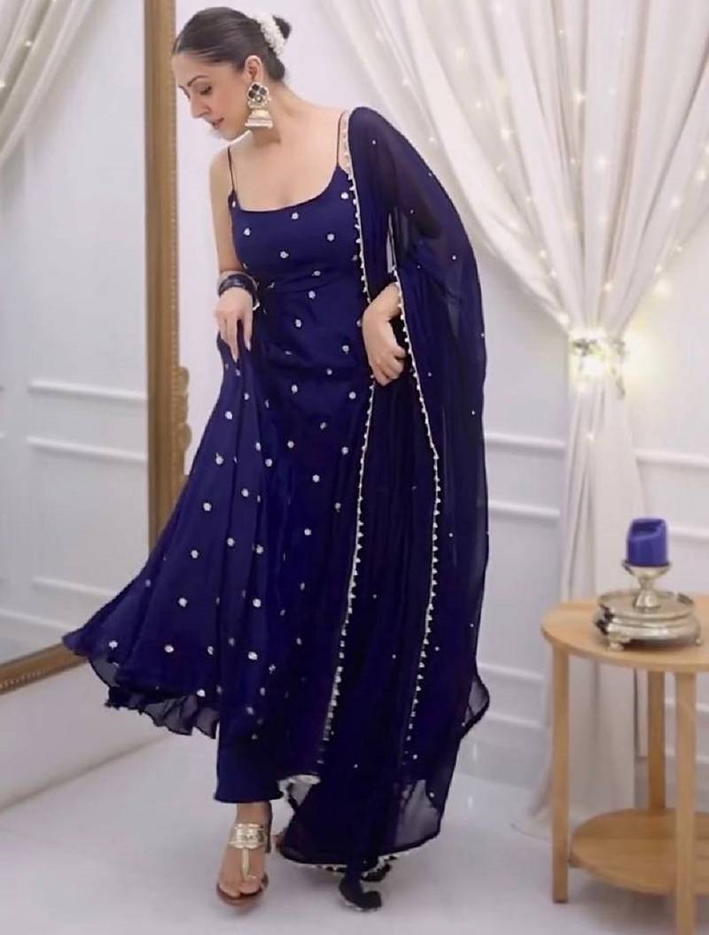 Blue dots print cotton ethnic kurta set with dupatta