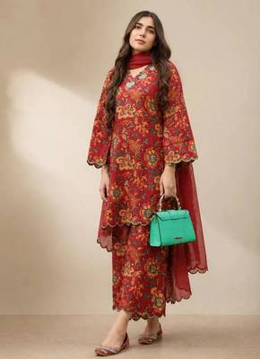 Maroon floral print cotton ethnic kurta set with dupatta 1