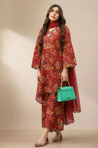 Maroon floral print cotton ethnic kurta set with dupatta