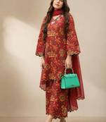 Maroon floral print cotton ethnic kurta set with dupatta