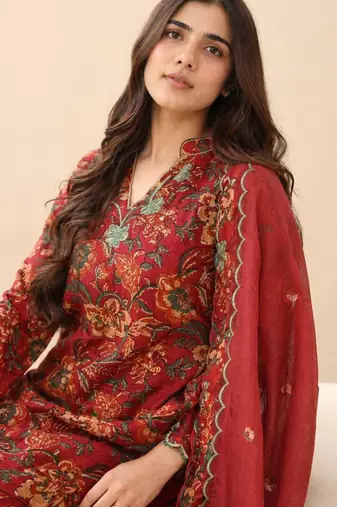Maroon floral print cotton ethnic kurta set with dupatta