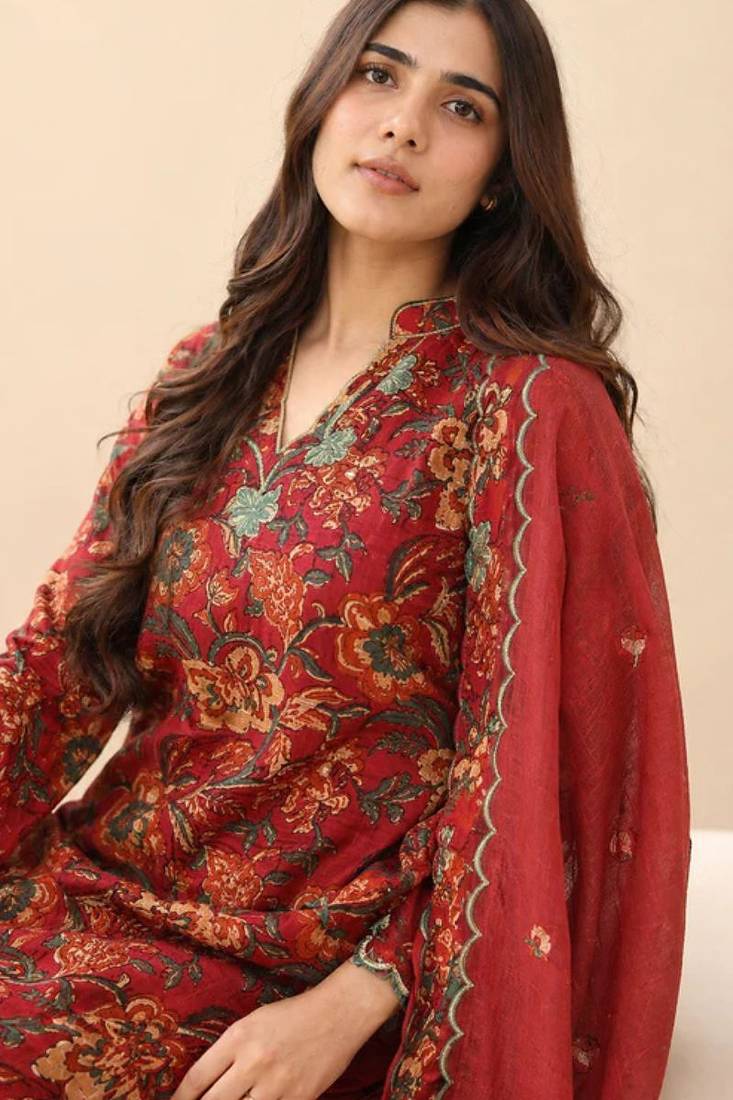 Maroon floral print cotton ethnic kurta set with dupatta