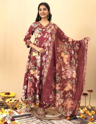 Maroon floral print pure cotton ethnic kurta set with dupatta 1
