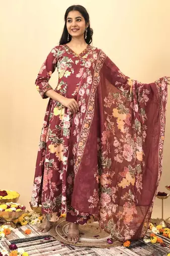 Maroon floral print pure cotton ethnic kurta set with dupatta