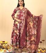 Maroon floral print pure cotton ethnic kurta set with dupatta