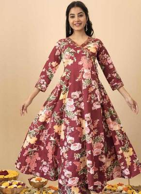 Maroon floral print pure cotton ethnic kurta set with dupatta 2