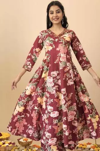 Maroon floral print pure cotton ethnic kurta set with dupatta