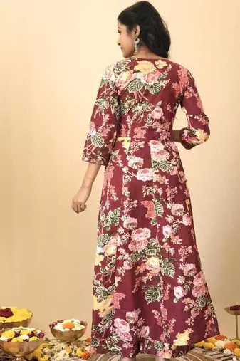 Maroon floral print pure cotton ethnic kurta set with dupatta