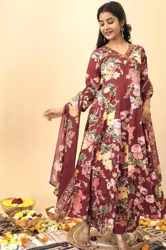 Maroon floral print pure cotton ethnic kurta set with dupatta