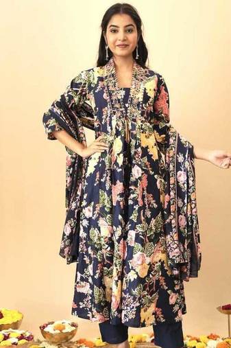 Blue floral print pure cotton ethnic kurta set with dupatta