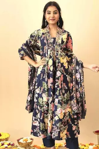 Blue floral print pure cotton ethnic kurta set with dupatta