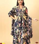 Blue floral print pure cotton ethnic kurta set with dupatta