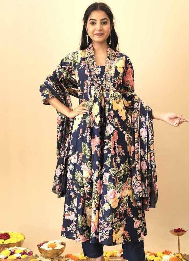 Blue floral print pure cotton ethnic kurta set with dupatta