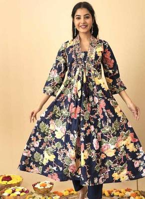 Blue floral print pure cotton ethnic kurta set with dupatta 2