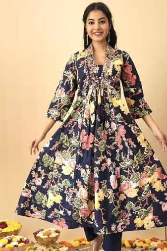 Blue floral print pure cotton ethnic kurta set with dupatta