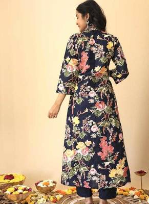 Blue floral print pure cotton ethnic kurta set with dupatta 3