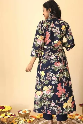 Blue floral print pure cotton ethnic kurta set with dupatta