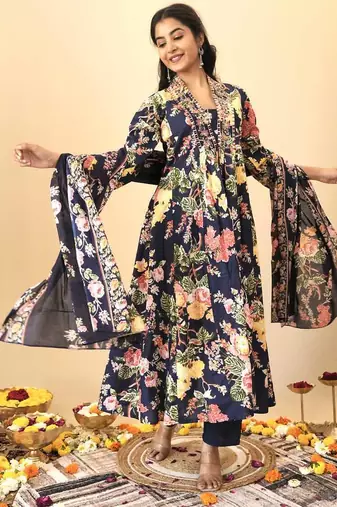 Blue floral print pure cotton ethnic kurta set with dupatta