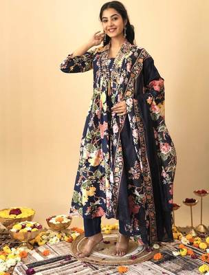 Blue floral print pure cotton ethnic kurta set with dupatta 5