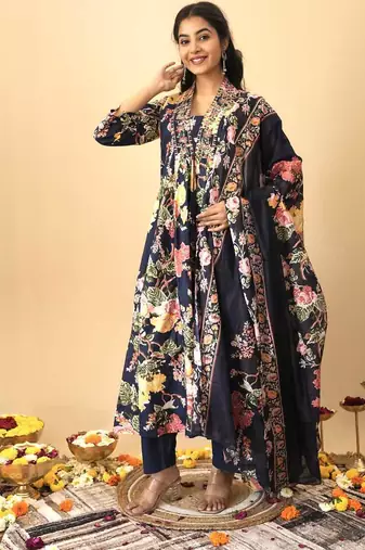 Blue floral print pure cotton ethnic kurta set with dupatta