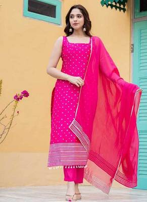 Pink bandhej silk ethnic kurta set with dupatta 1