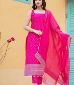 Pink bandhej silk ethnic kurta set with dupatta