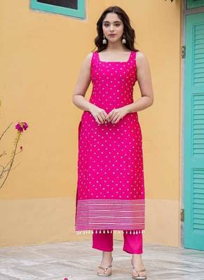 Pink bandhej silk ethnic kurta set with dupatta 2