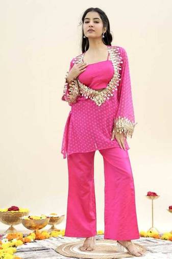 Pink bandhej pure georgette casual kurta set for women