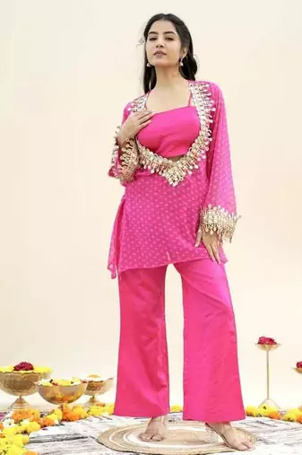 Pink bandhej pure georgette casual kurta set for women