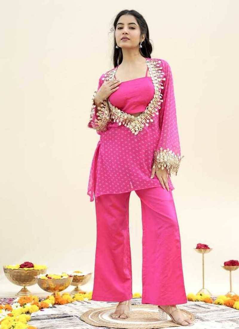 Pink bandhej pure georgette casual kurta set for women