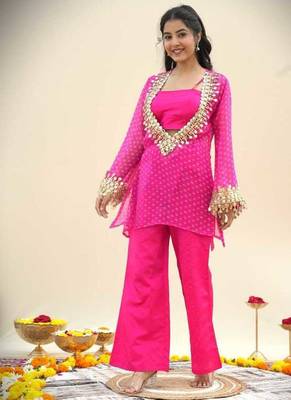 Pink bandhej pure georgette casual kurta set for women 2