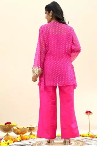 Pink bandhej pure georgette casual kurta set for women