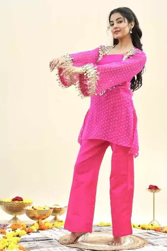 Pink bandhej pure georgette casual kurta set for women