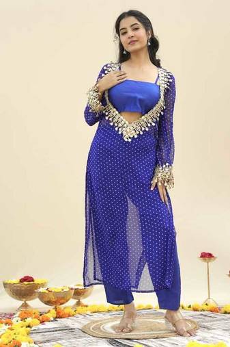 Blue bandhej pure georgette casual kurta set for women