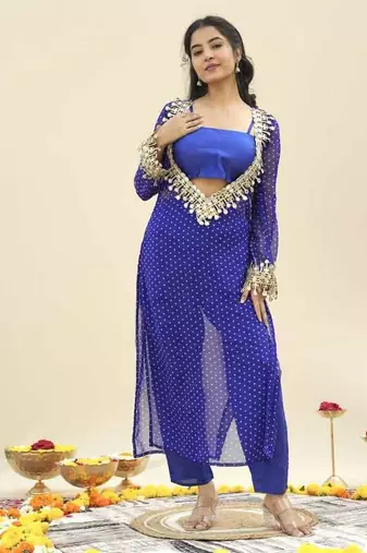 Blue bandhej pure georgette casual kurta set for women