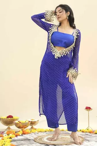 Blue bandhej pure georgette casual kurta set for women